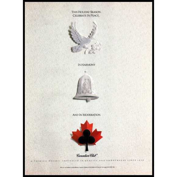 1992 Canadian Club Whiskey Vintage Print Ad Dove Bell Maple Leaf Wall Art Photo - Picture 1 of 1